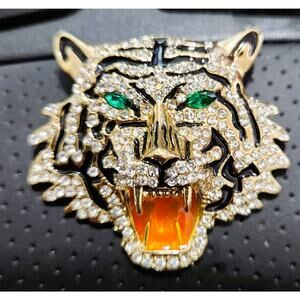 Brooch Roaring Tiger Luxury Pin with‎ Rhinestone Emerald Green Eyes